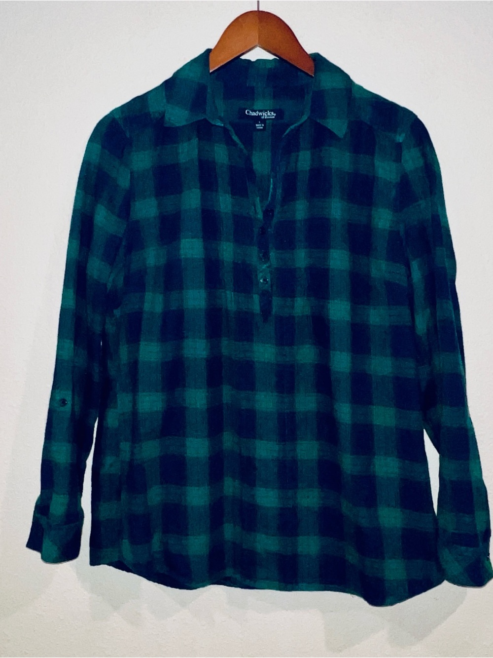 Chadwicks of Boston women's green black buffalo check plaid flannel tunic shirt